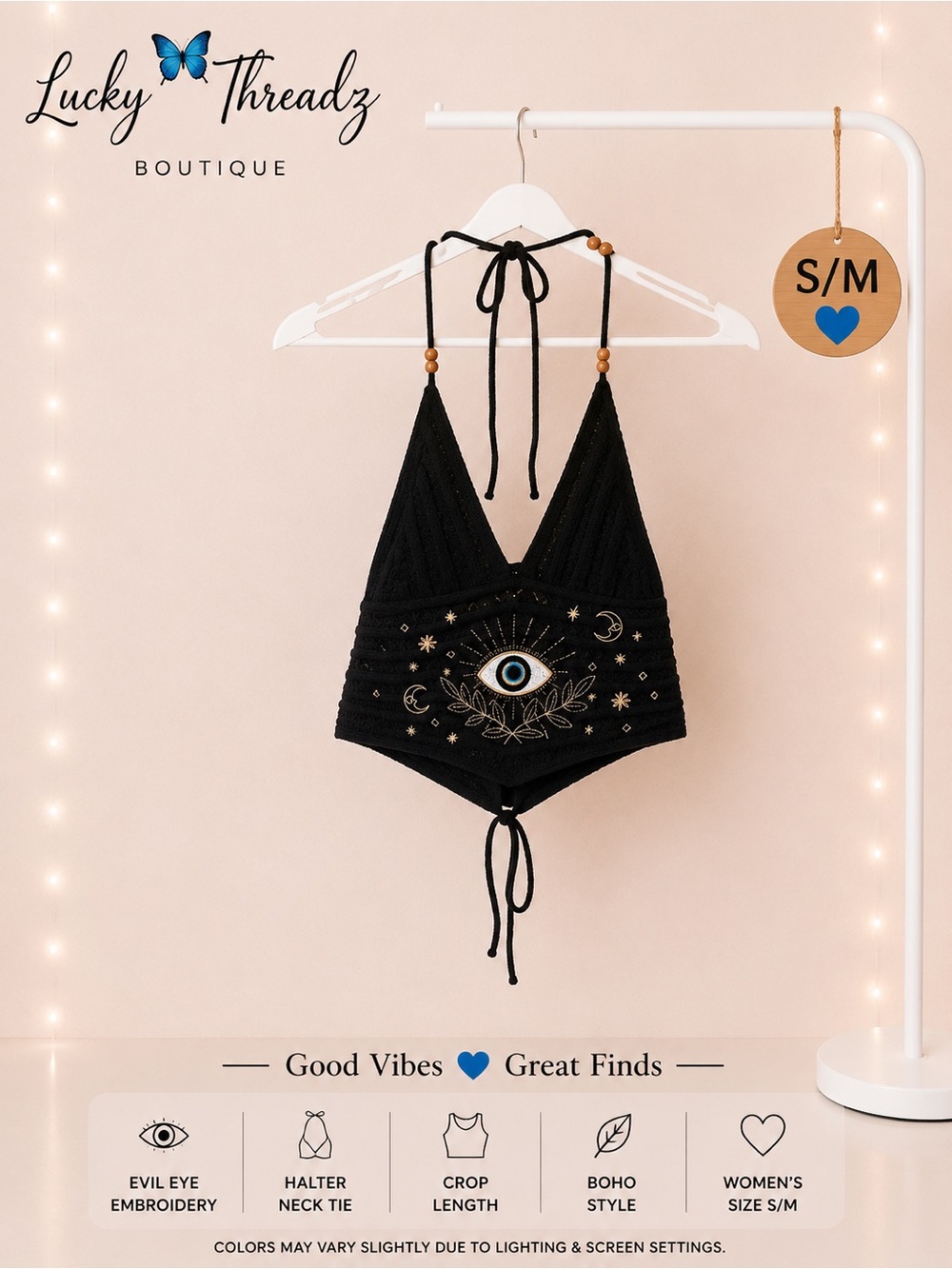 Celestial/Boho Evil Eye Halter Crop Top S/M